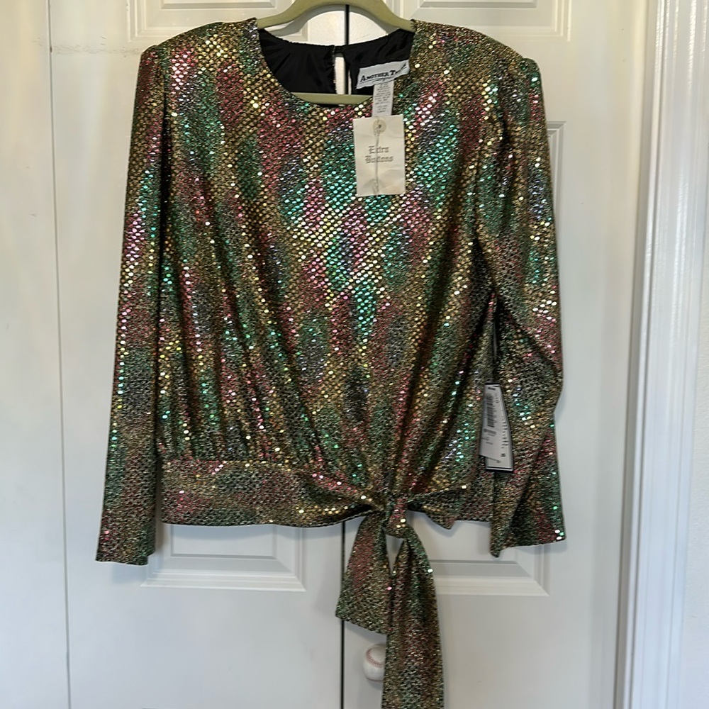 Another Thyme Sequin Multicolor Long Sleeve Top tie crop waist NWT Size Large
